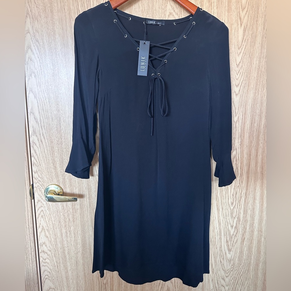 New Lunik Black Rayon Criss Cross Tie Flare Sleeve Loose Midi Dress Women’s S